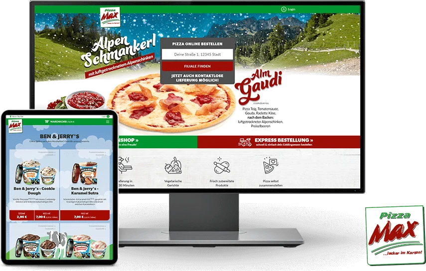 Webshop von Pizza Max auf einem Monitor und einem Tablet