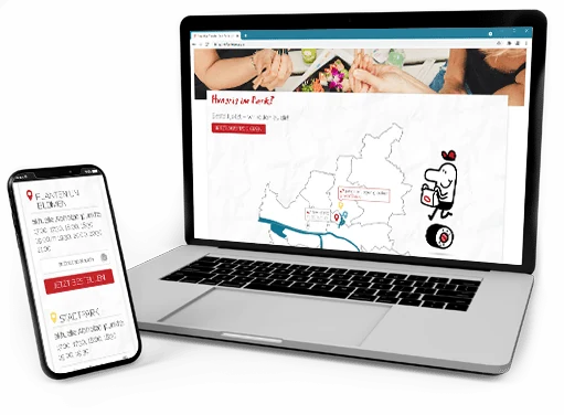 Notebook mit Liefergebietskarte und Smartphone mit auswählbaren Lieferzeitfenstern